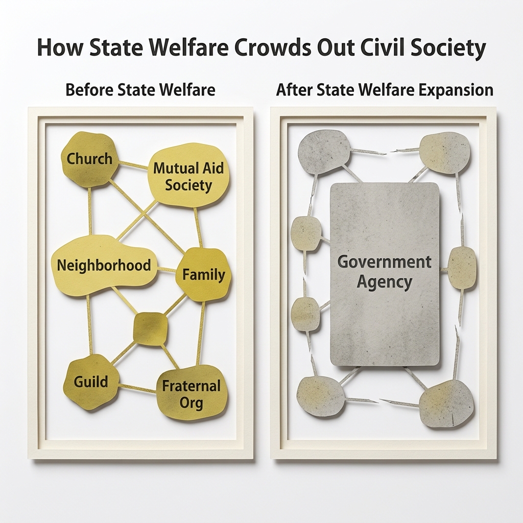 Before and after diagram showing how state welfare expansion crowds out civil society networks