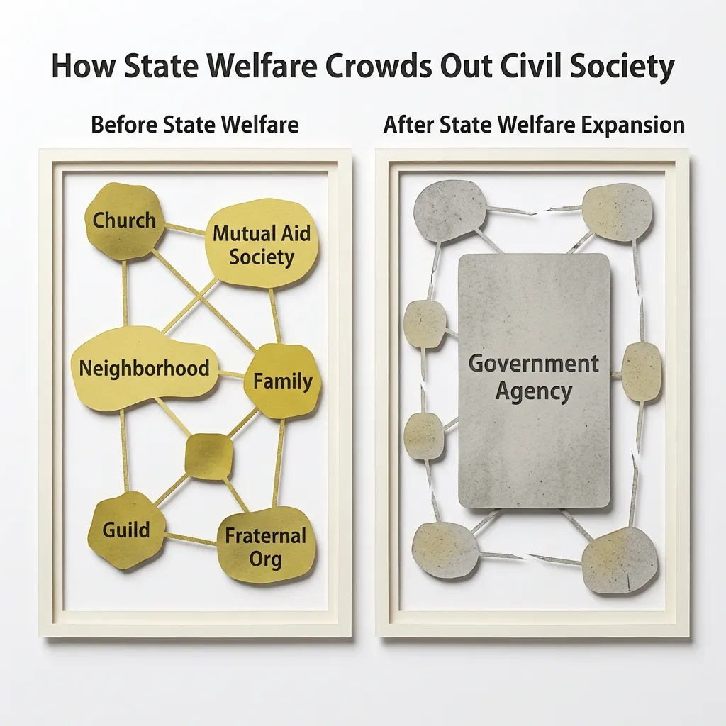 Before and after diagram showing how state welfare expansion crowds out civil society networks