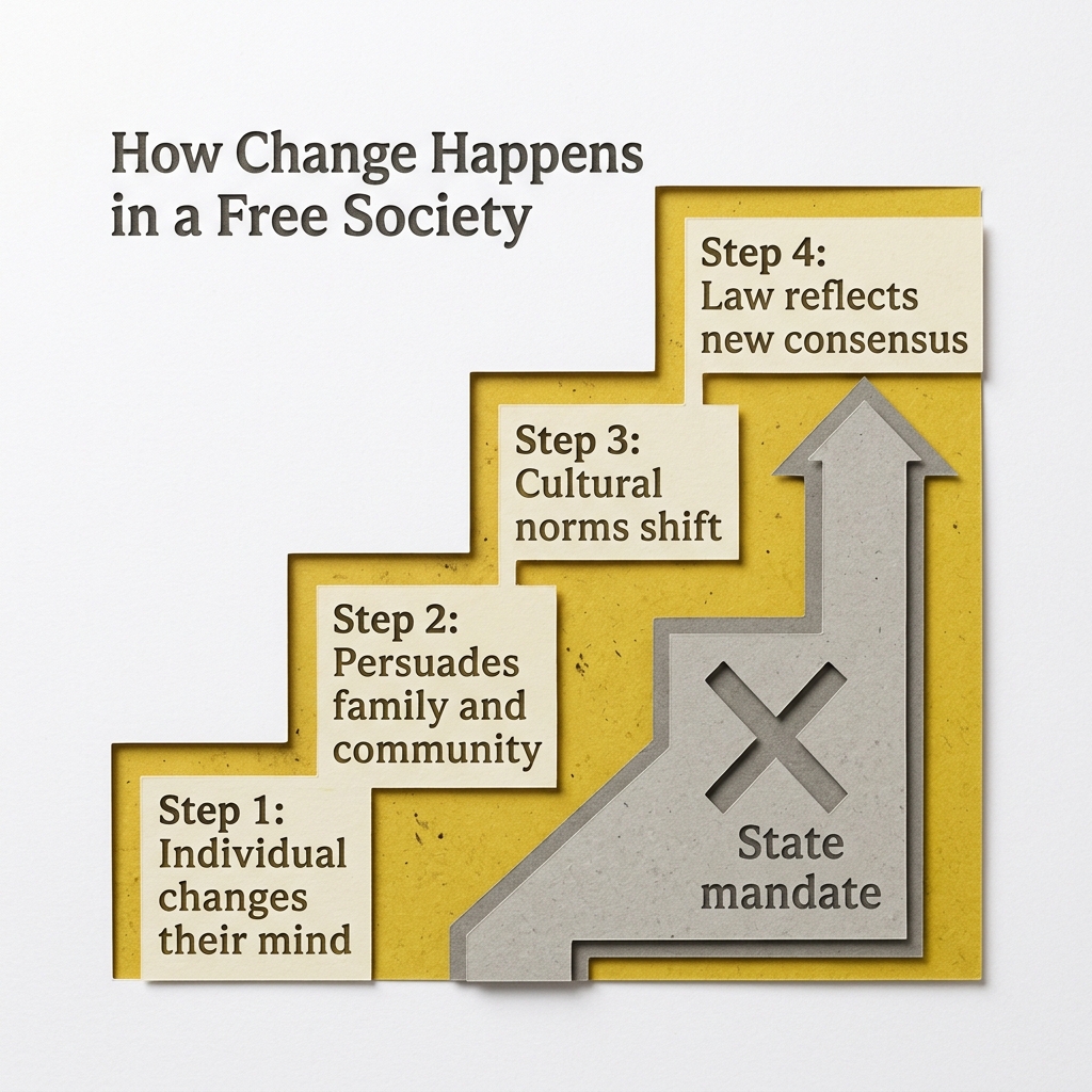 Staircase diagram showing how change happens through individual conviction to cultural shift, with state mandate shown as a shortcut that does not work