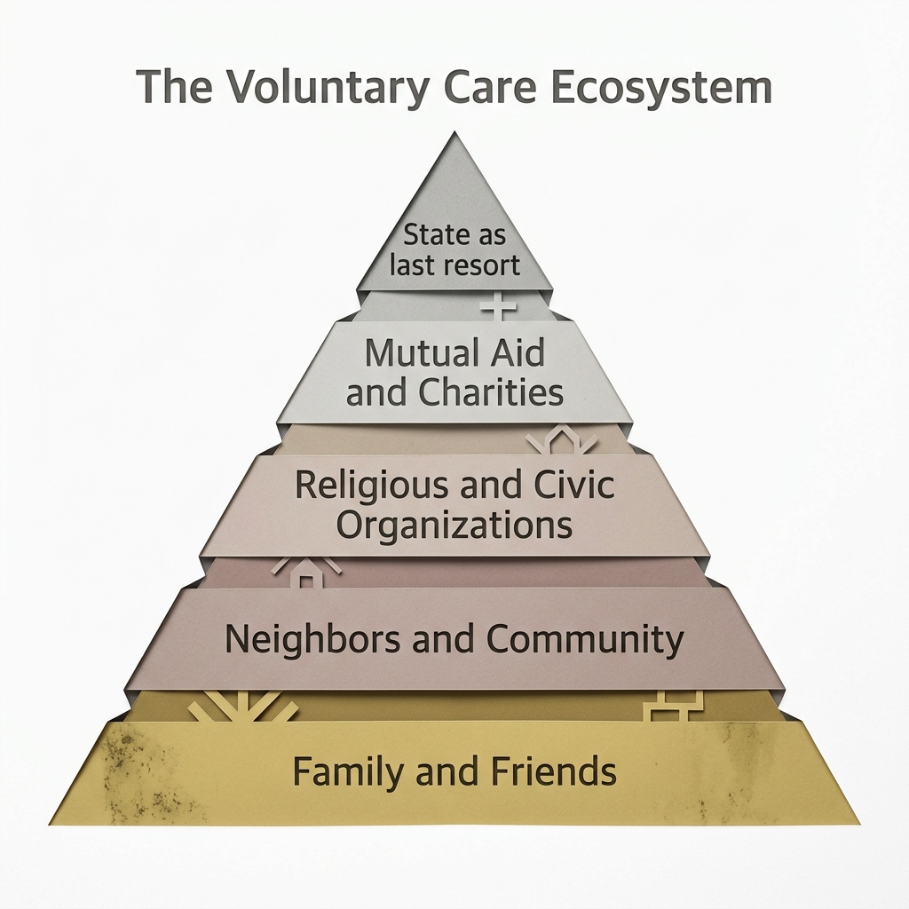 Pyramid diagram showing the voluntary care ecosystem from family at base to state as last resort at top