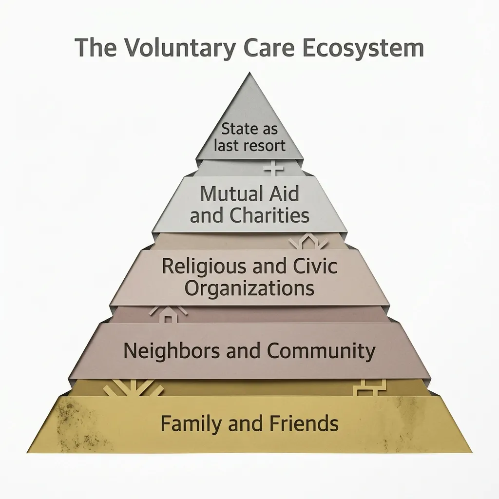 Pyramid diagram showing the voluntary care ecosystem from family at base to state as last resort at top