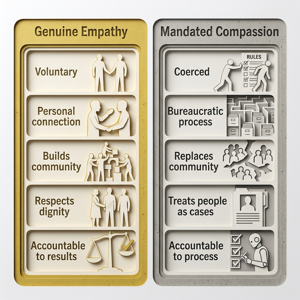 Two-column comparison of genuine empathy versus mandated compassion across five dimensions