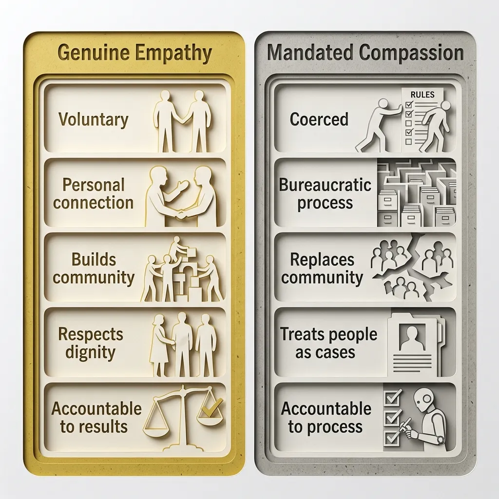 Two-column comparison of genuine empathy versus mandated compassion across five dimensions