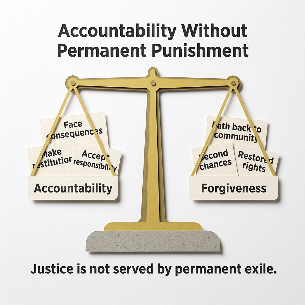 Balance scale diagram showing accountability and forgiveness in balance, with the caption that justice is not served by permanent exile