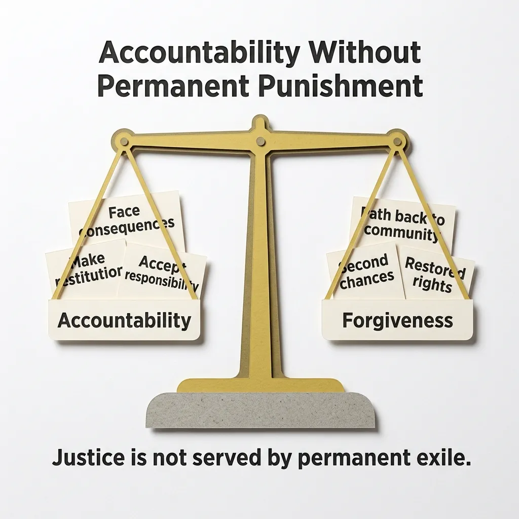 Balance scale diagram showing accountability and forgiveness in balance, with the caption that justice is not served by permanent exile