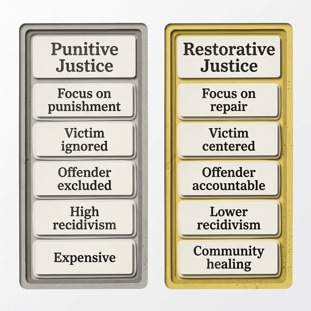 Two-column comparison of punitive and restorative justice across five dimensions