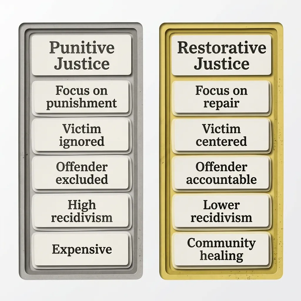 Two-column comparison of punitive and restorative justice across five dimensions