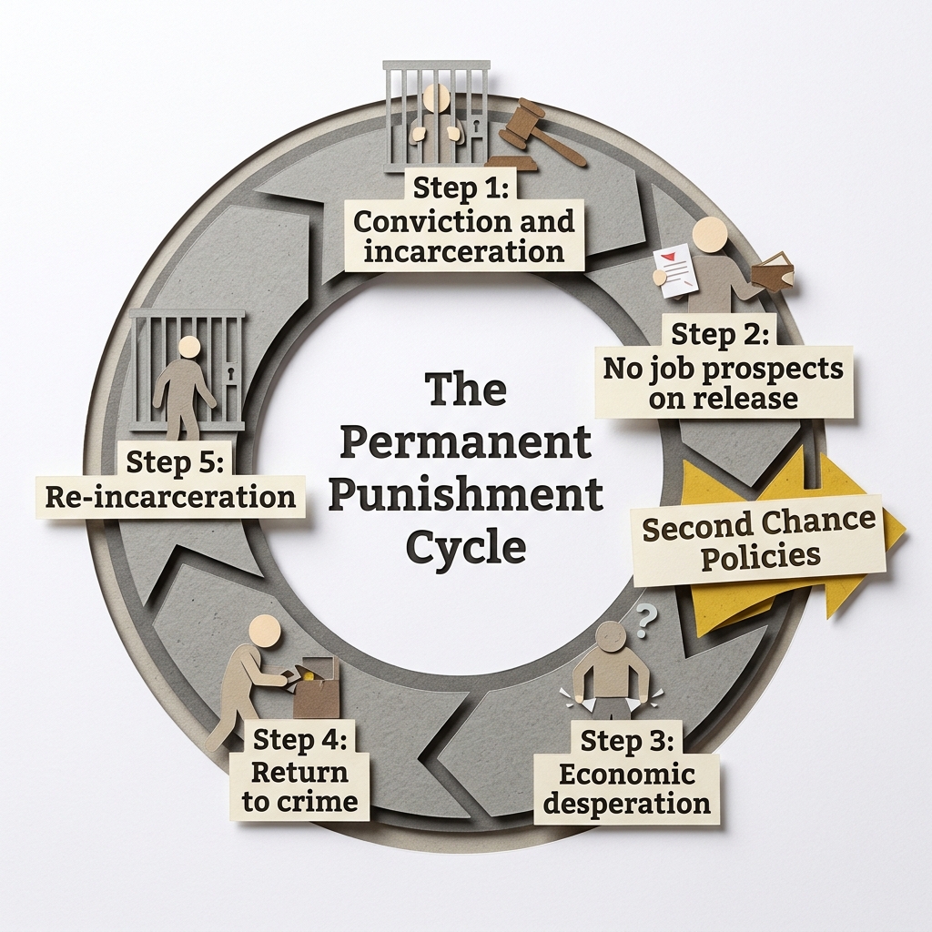 Circular diagram showing the permanent punishment cycle and the second-chance policies that can break it