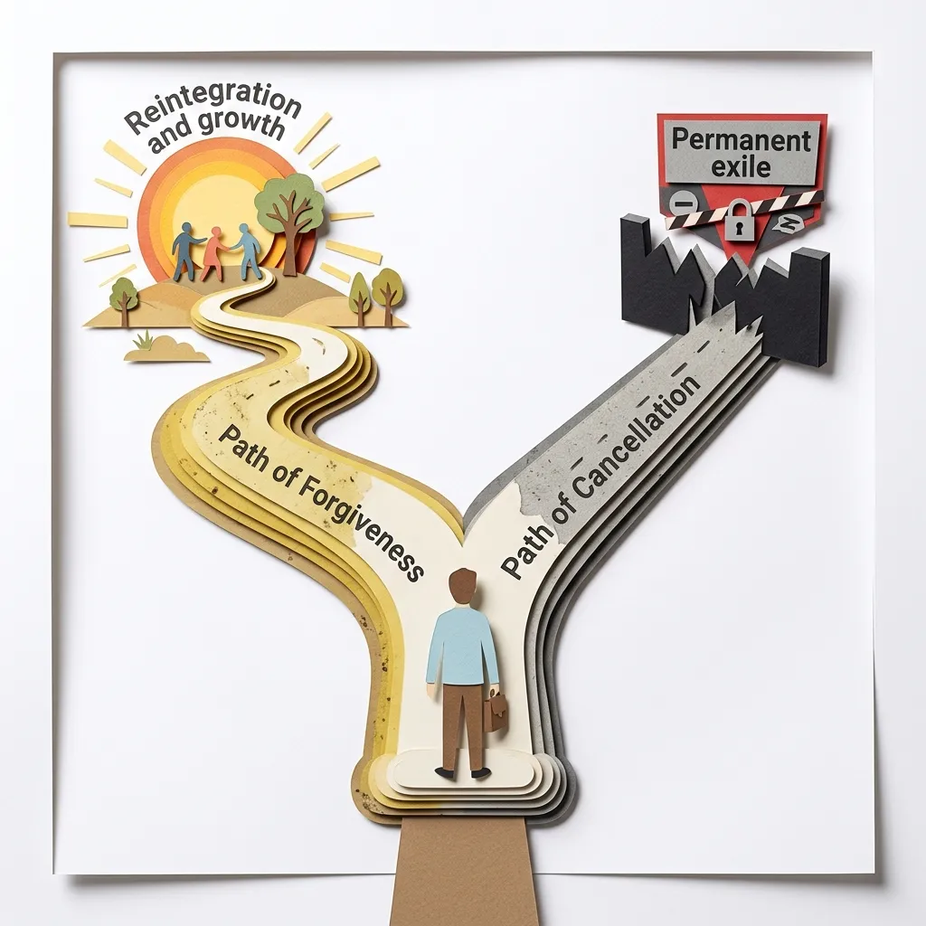 Fork in the road diagram showing the path of forgiveness leading to reintegration and the path of cancellation leading to permanent exile