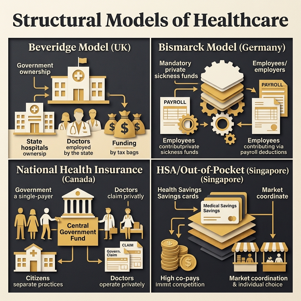 Infographic showing the four structural models of healthcare: Beveridge, Bismarck, National Health Insurance, and HSA/Out-of-Pocket