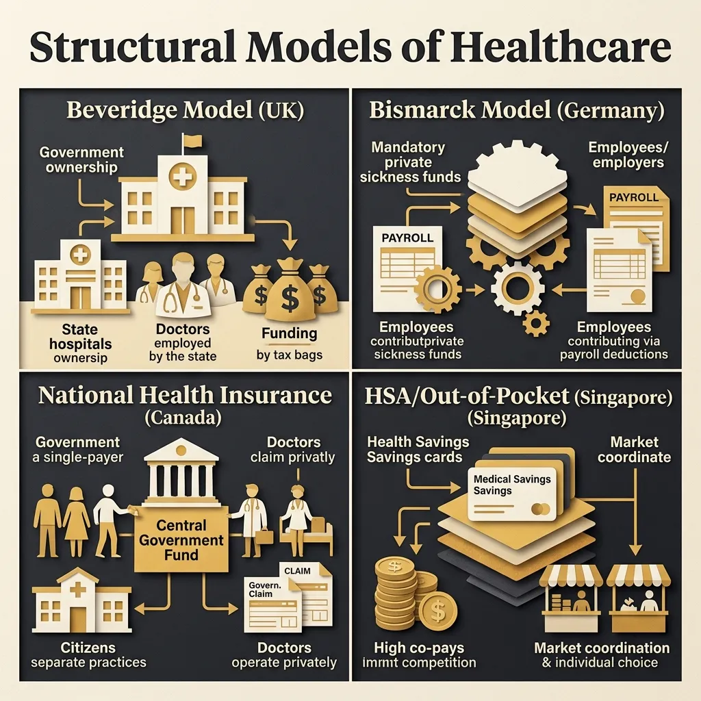 Infographic showing the four structural models of healthcare: Beveridge, Bismarck, National Health Insurance, and HSA/Out-of-Pocket