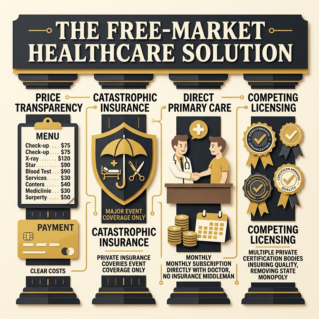 Graphic diagram showing the four pillars of a free-market healthcare system: price transparency, catastrophic insurance, DPC, and competing licensing