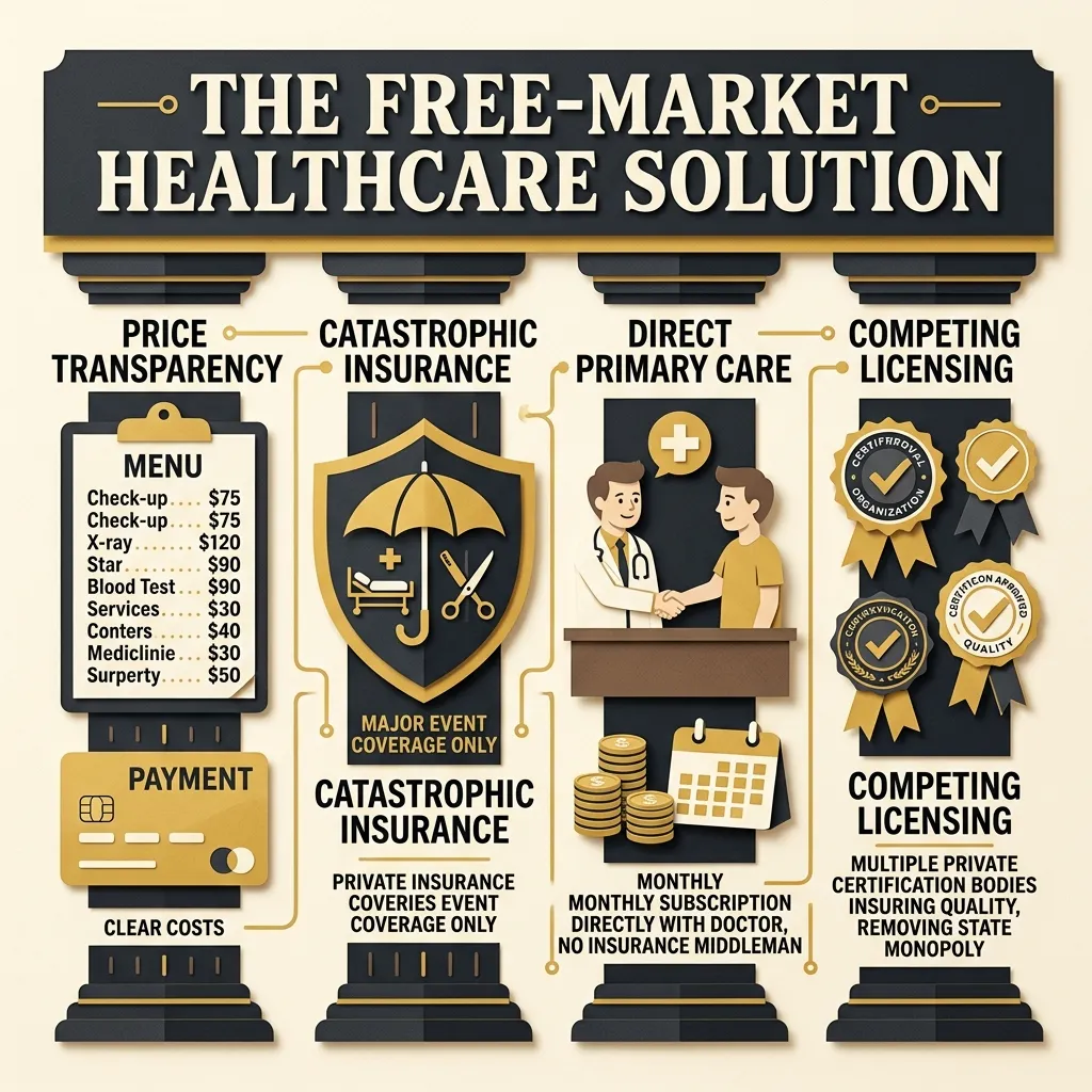 Graphic diagram showing the four pillars of a free-market healthcare system: price transparency, catastrophic insurance, DPC, and competing licensing