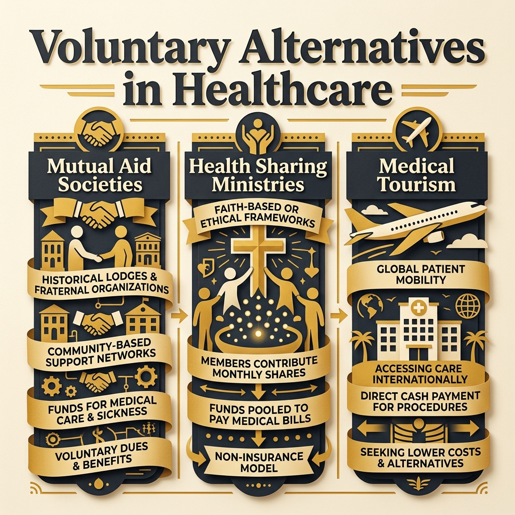 Infographic showing the voluntary alternatives: Mutual Aid, Health Share Ministries, and Medical Tourism
