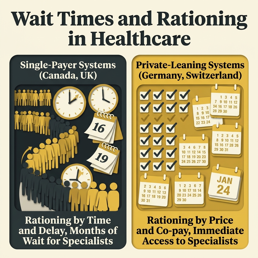Infographic comparing rationing by wait times in single-payer countries vs. rationing by price in private-leaning systems