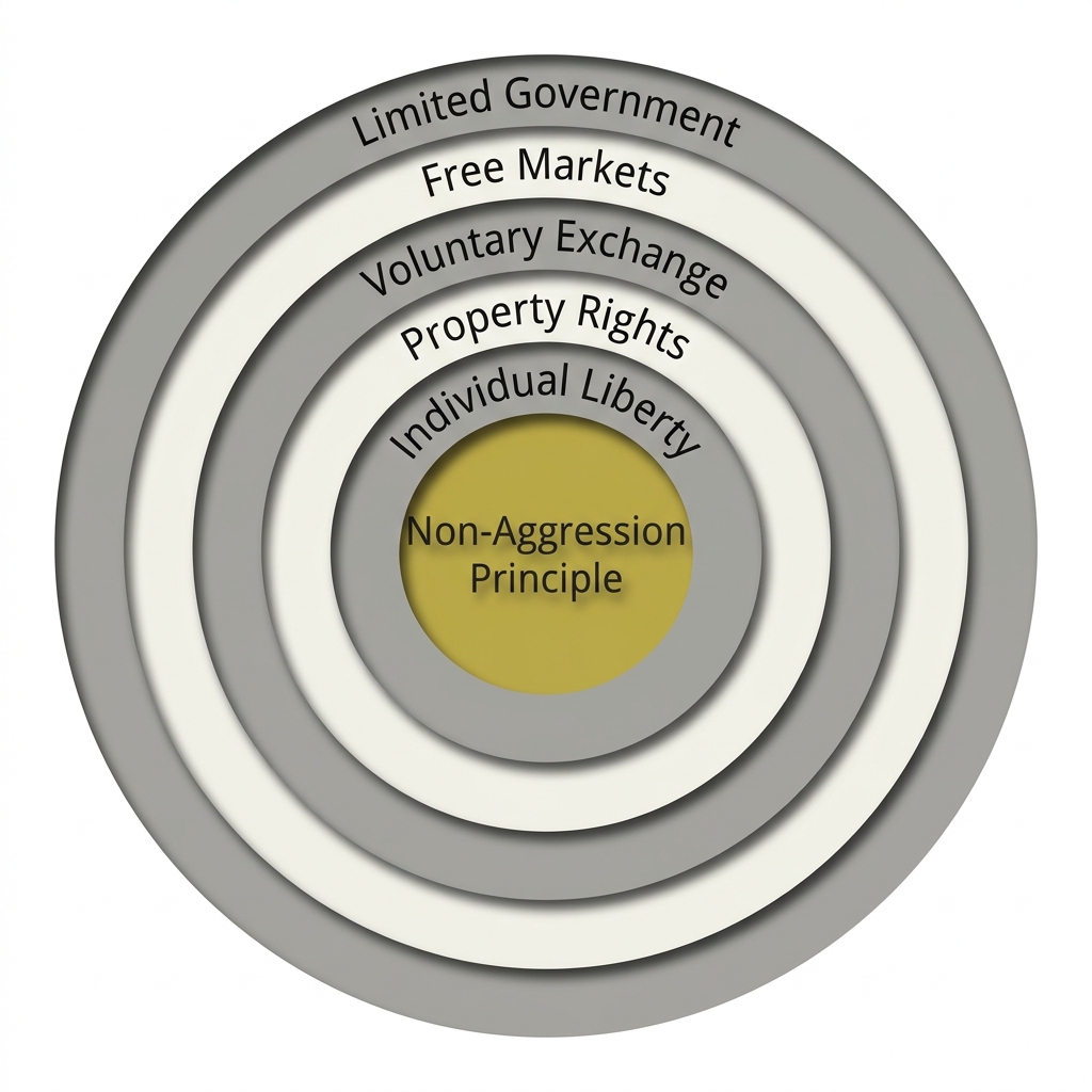 Concentric rings diagram showing the core principles of libertarianism, from Non-Aggression Principle outward