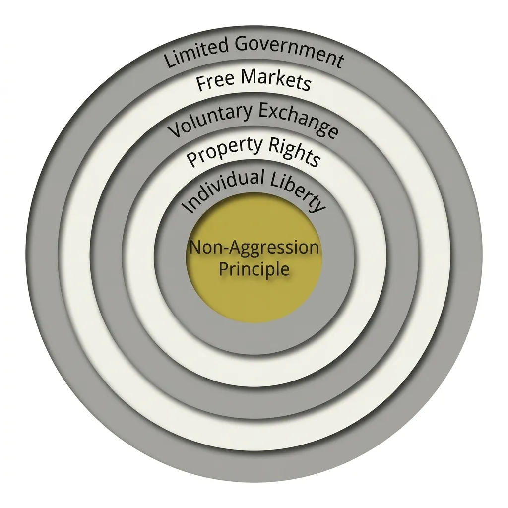 Concentric rings diagram showing the core principles of libertarianism, from Non-Aggression Principle outward