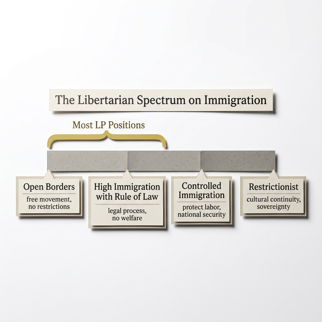 Spectrum diagram showing the range of libertarian positions on immigration from open borders to restrictionist