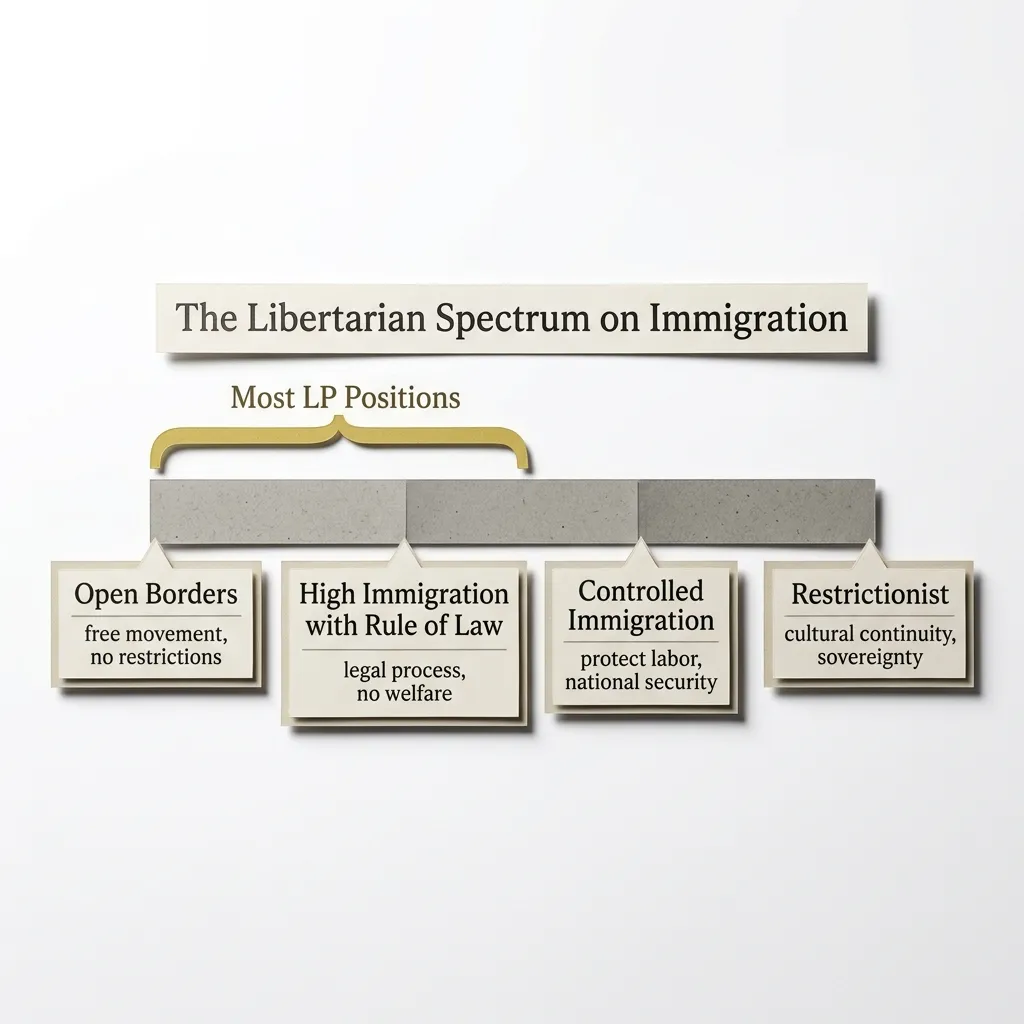 Spectrum diagram showing the range of libertarian positions on immigration from open borders to restrictionist