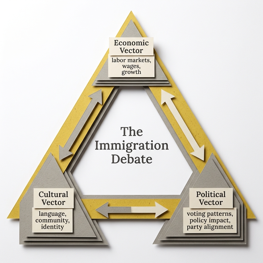 Triangle diagram showing the three vectors of the immigration debate: economic, cultural, and political