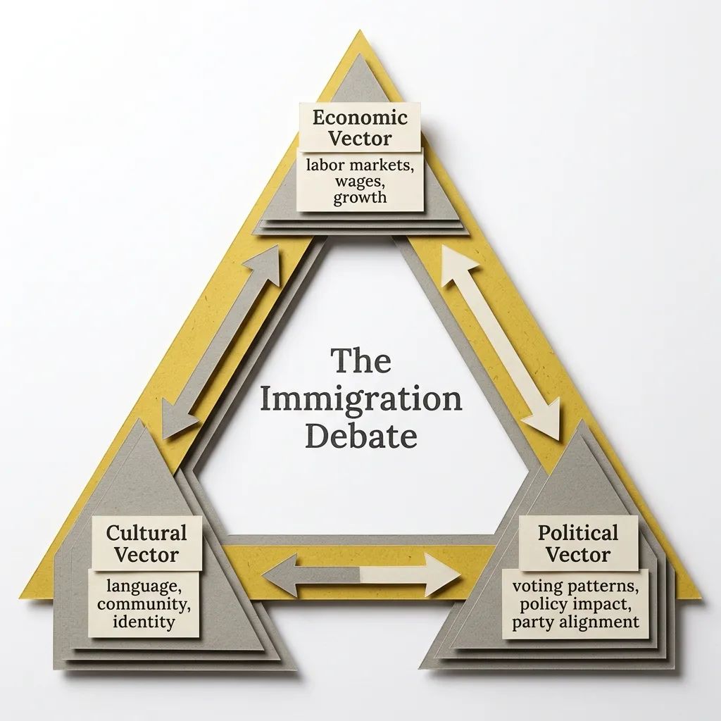 Triangle diagram showing the three vectors of the immigration debate: economic, cultural, and political