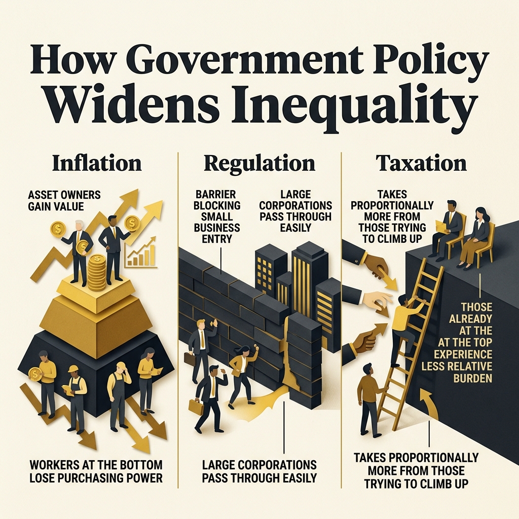 Infographic showing the three main government causes of inequality: inflation, regulation, and taxation