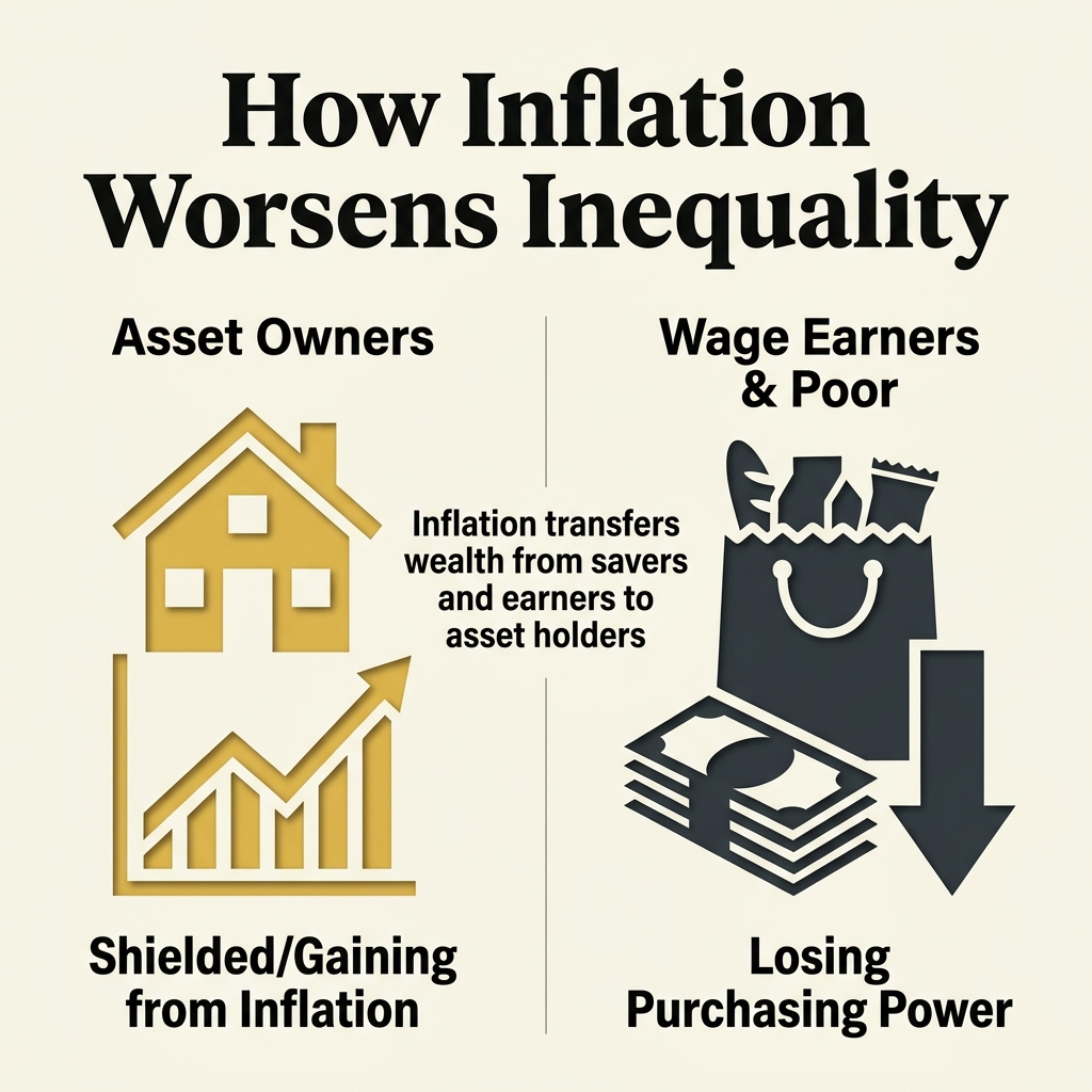 Infographic showing how inflation transfers wealth from savers and earners to asset holders