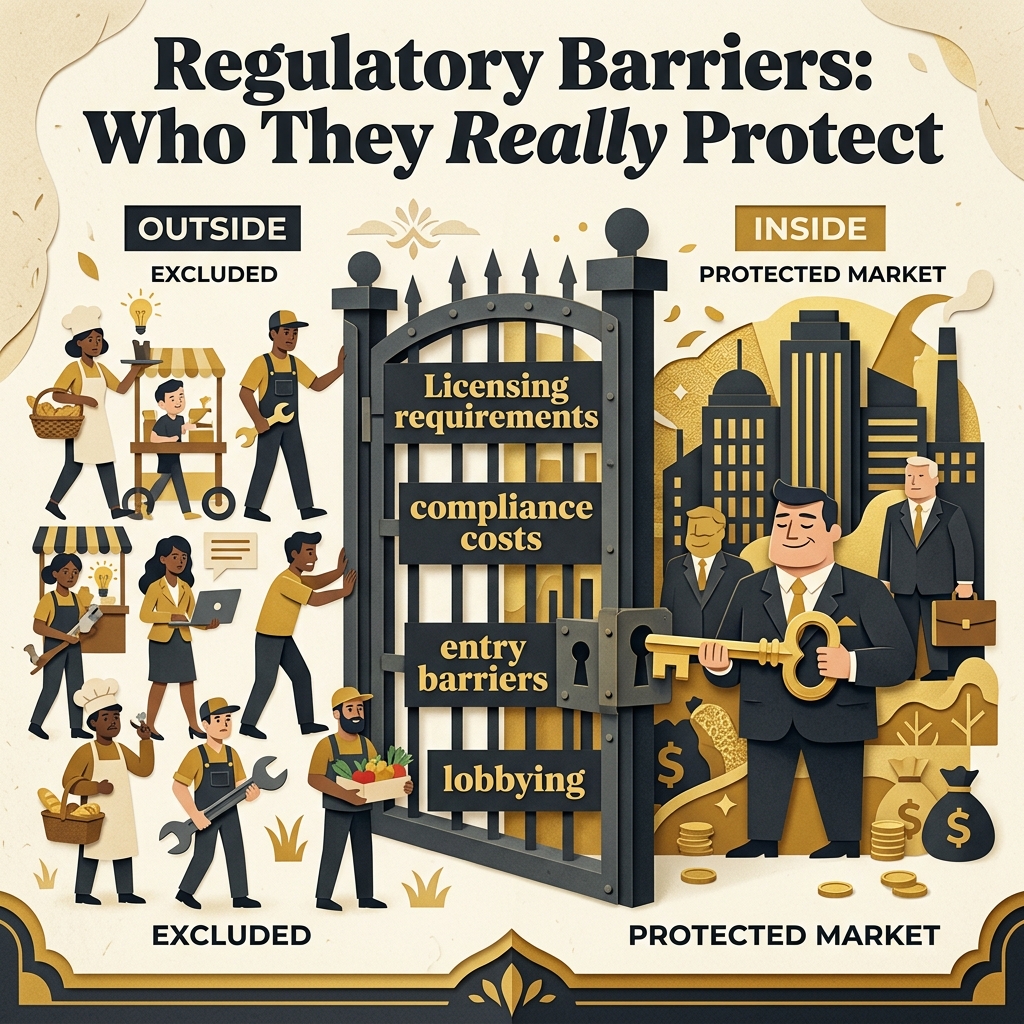 Educational diagram showing how regulatory barriers protect large established companies while blocking small businesses