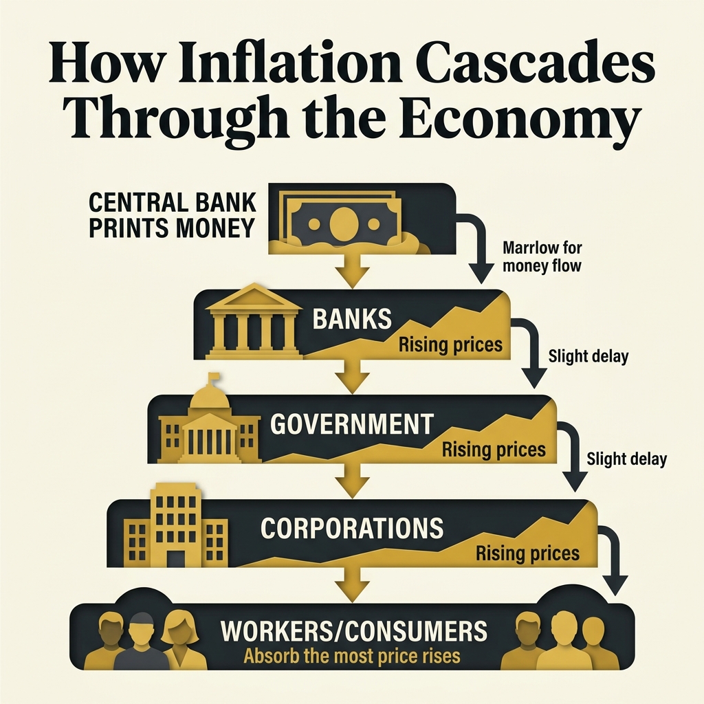 Waterfall chart depicting how inflation cascades through the economy from bank credit to consumer prices