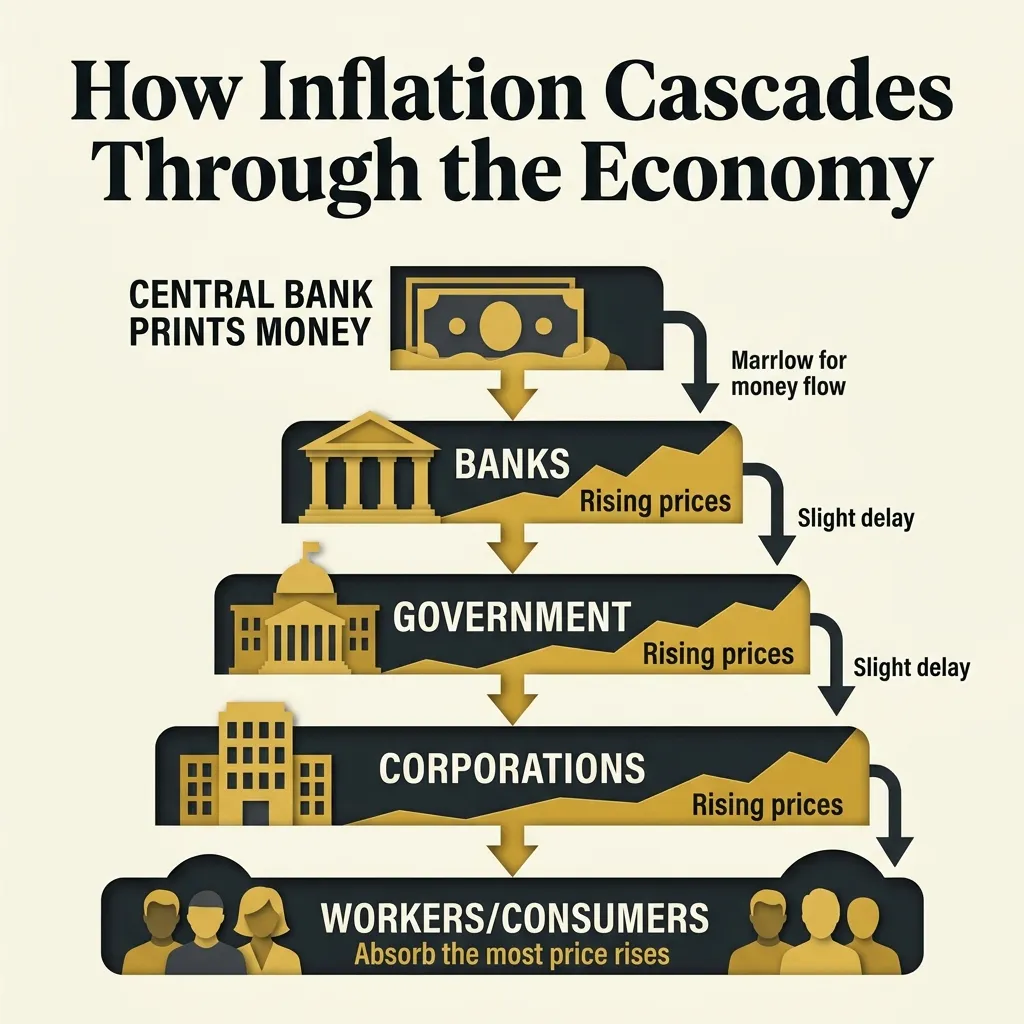 Waterfall chart depicting how inflation cascades through the economy from bank credit to consumer prices