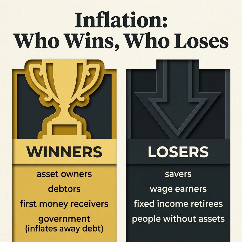 Infographic showing the winners (debtors, government, asset owners) and losers (savers, wage earners, fixed-income retirees) of inflation