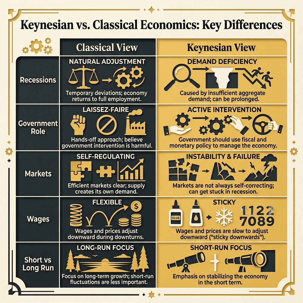 Comparison diagram highlighting the core differences between Austrian economics and Keynesian macroeconomics
