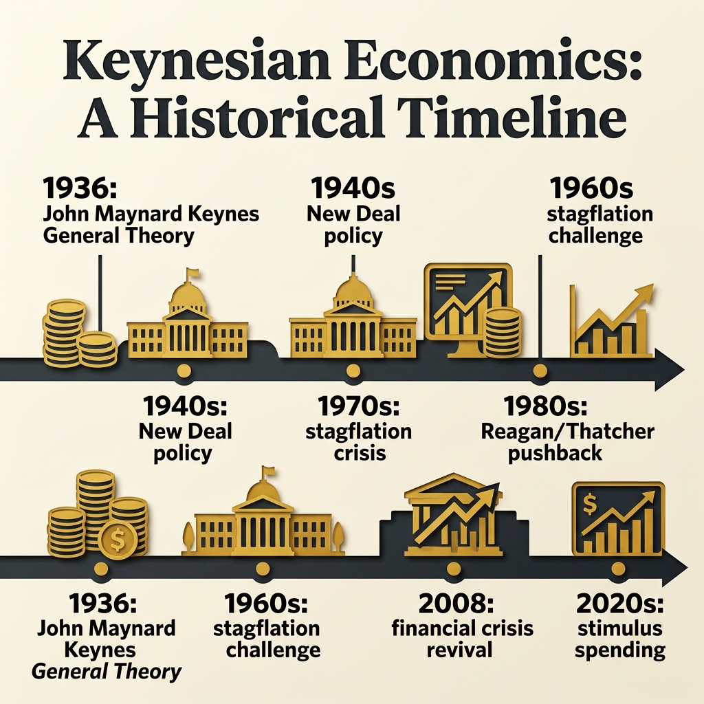 Timeline of the Keynesian School from the General Theory in 1936 to the post-war consensus and modern neo-Keynesian policy