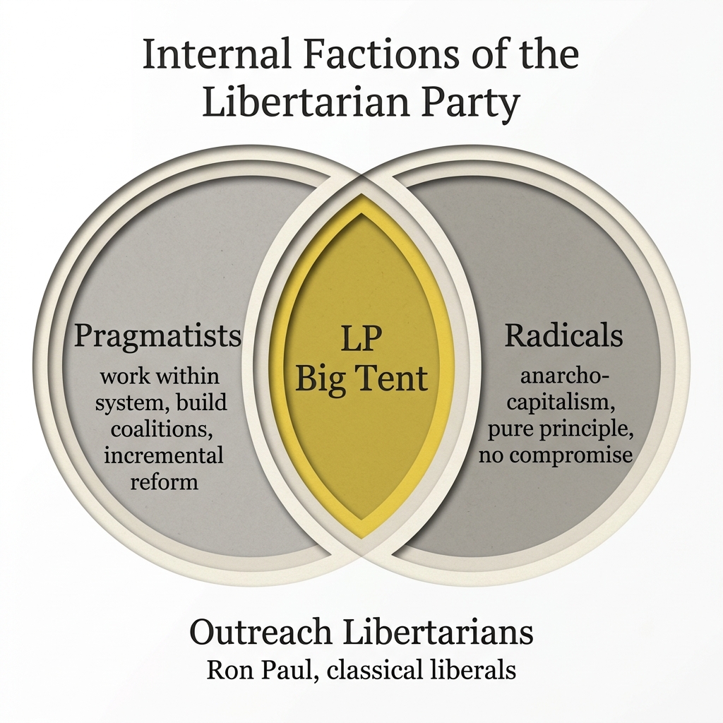 Venn diagram showing the internal factions of the Libertarian Party: Pragmatists, Radicals, and the LP Big Tent