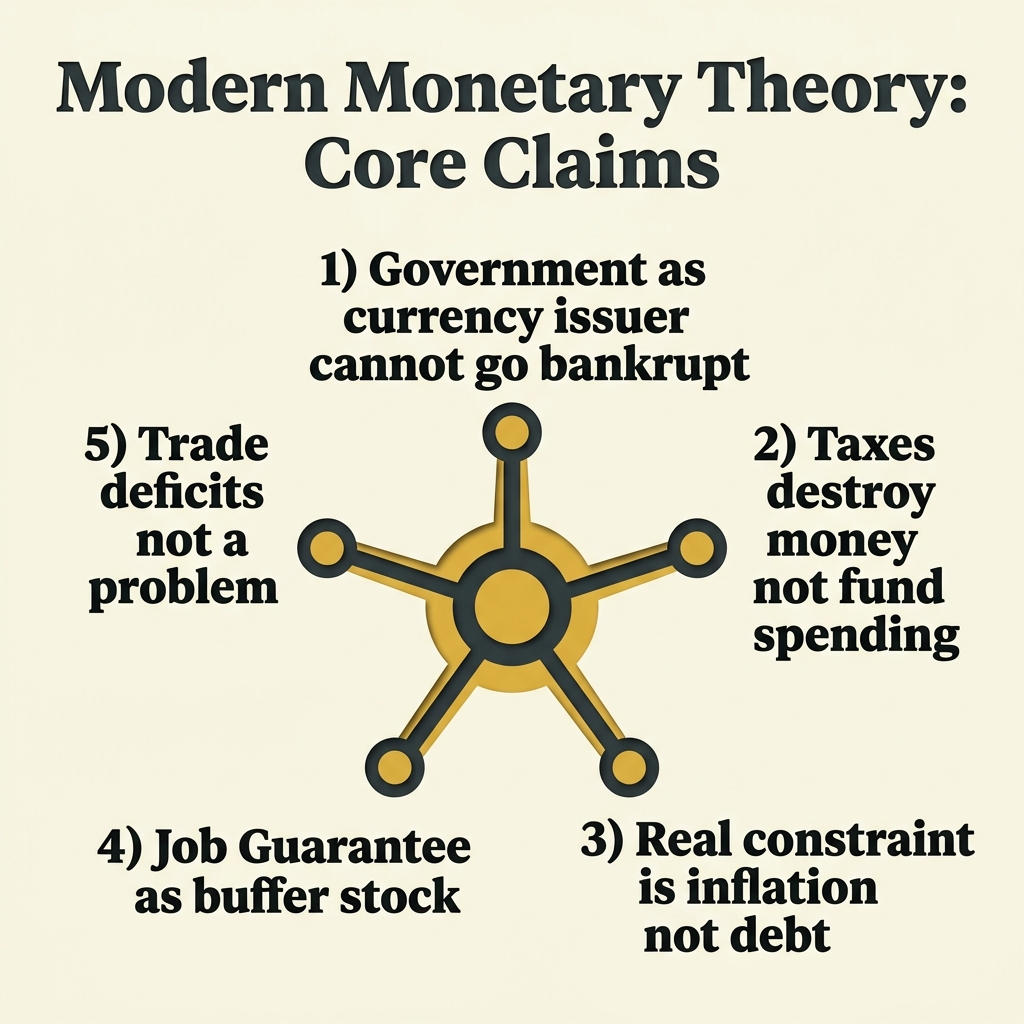 Infographic showing the basic MMT framework: currency sovereignty, real resource limits, and taxation as inflation control