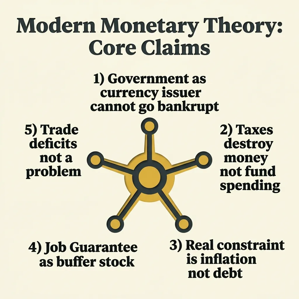 Infographic showing the basic MMT framework: currency sovereignty, real resource limits, and taxation as inflation control