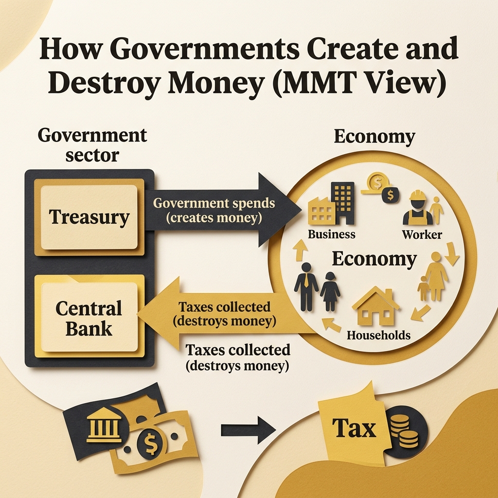 Flowchart comparing the conventional spending cycle (tax first, spend later) to the MMT cycle (spend first, tax later)