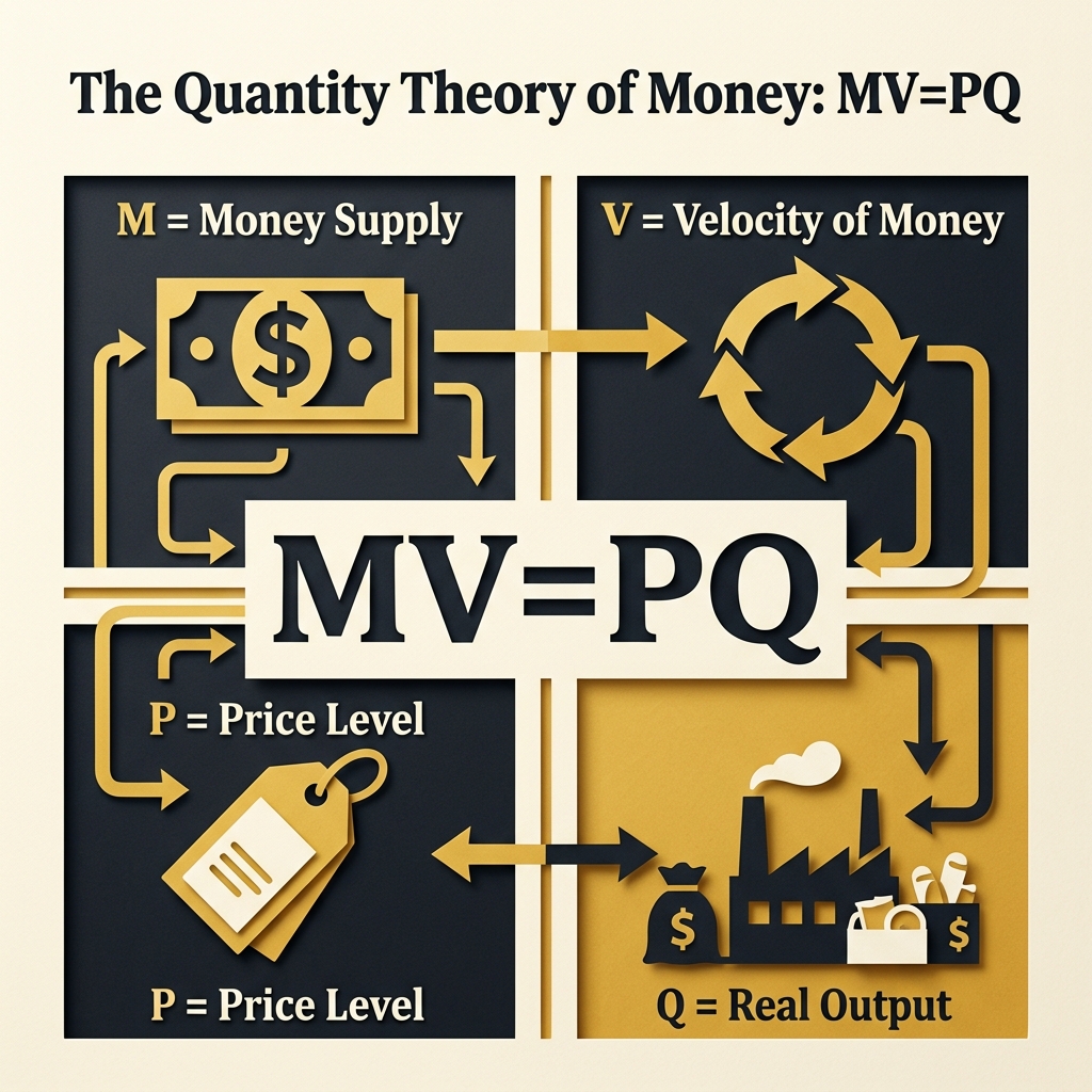 Infographic showing the MV=PY equation and how changes in M lead to changes in P under Monetarist assumptions