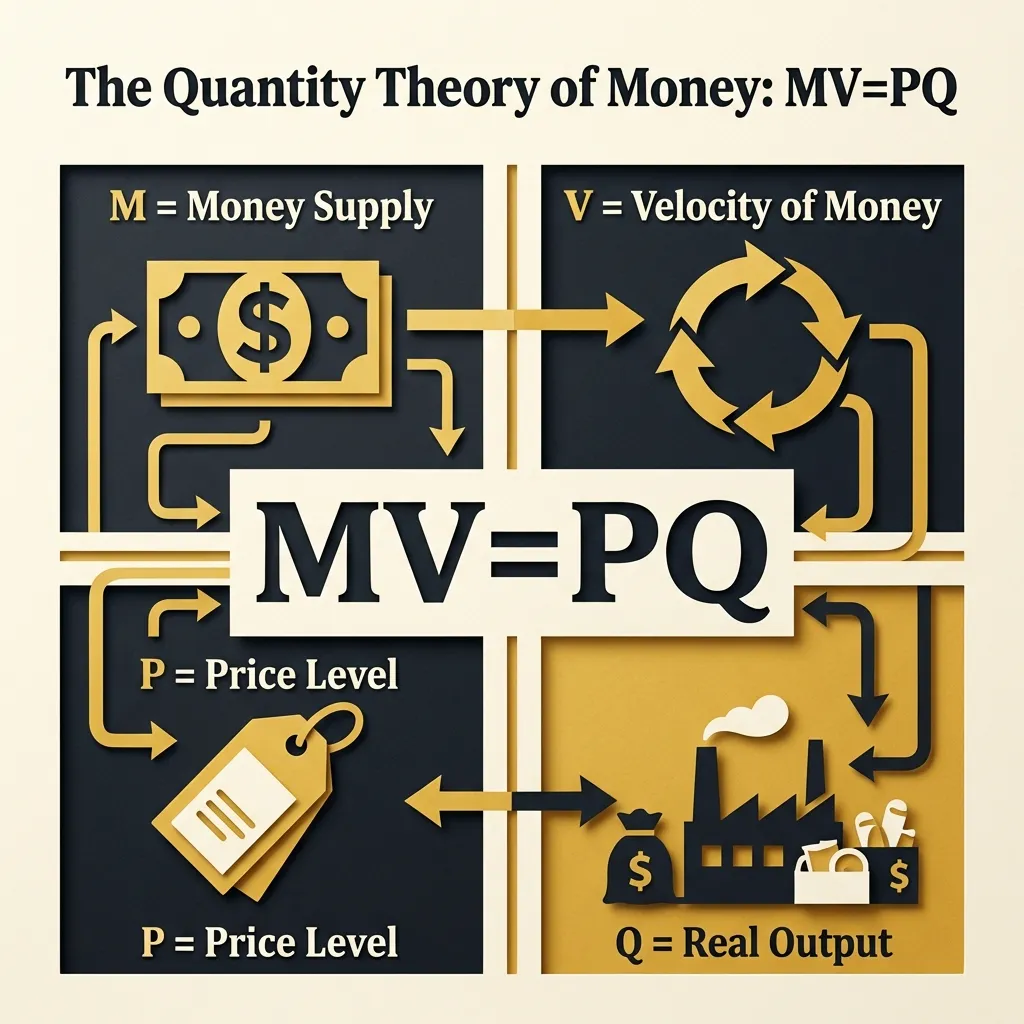 Infographic showing the MV=PY equation and how changes in M lead to changes in P under Monetarist assumptions