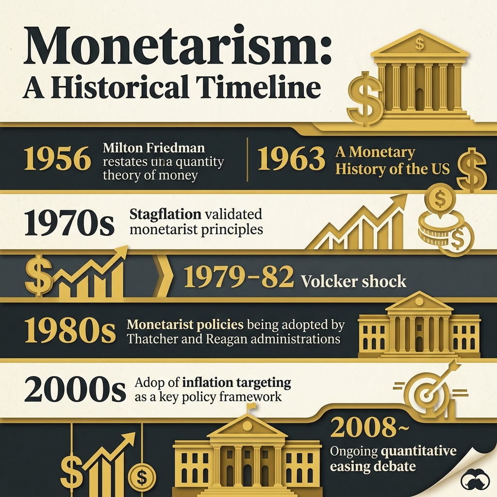 Timeline of Monetarism: from the restatement of the Quantity Theory in the 1950s to the Volcker shock in 1979 and the modern inflation targeting era