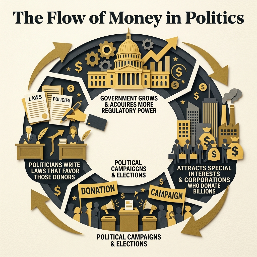Flowchart diagram tracing the flow of special interest money through campaigns to politicians and regulatory policy