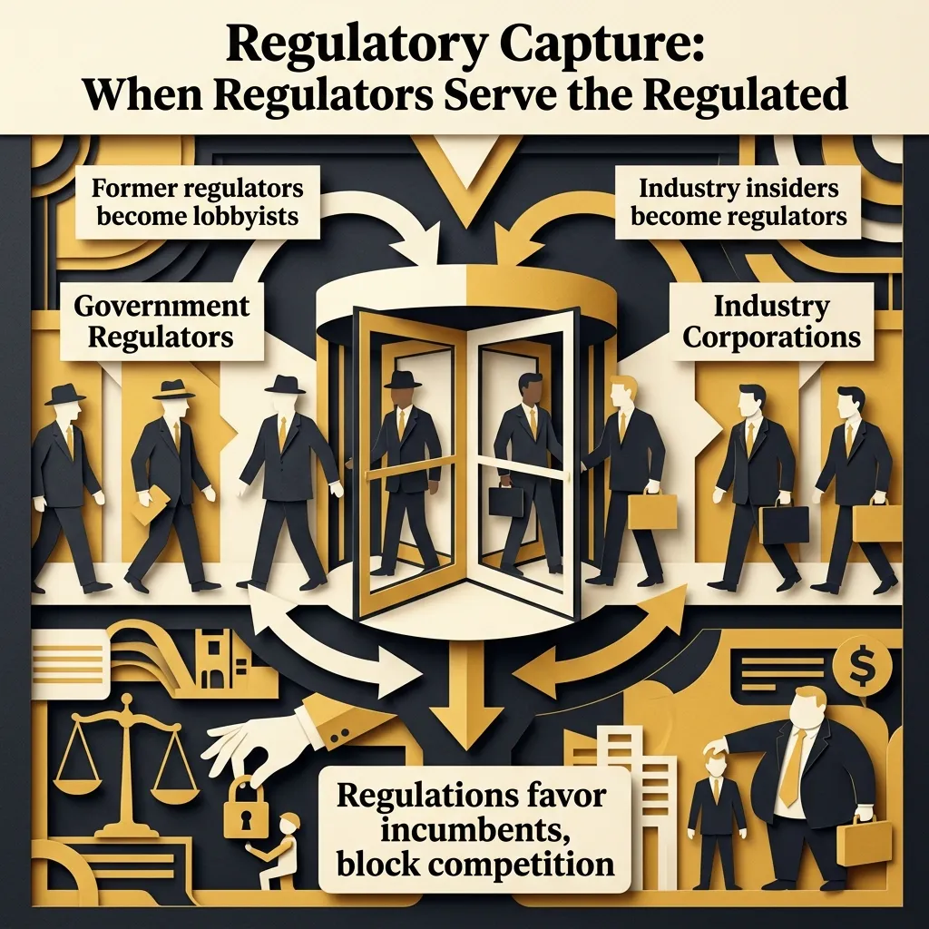Graphic showing how regulatory capture occurs when an industry influences the government agency that regulates it