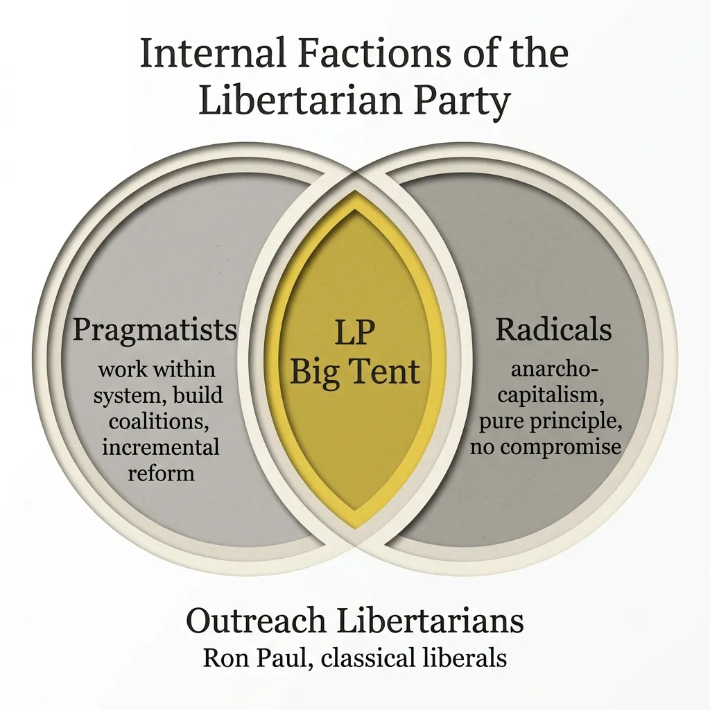 Diagram showing different strategic factions within a third party, comparing radical purity with pragmatic outreach