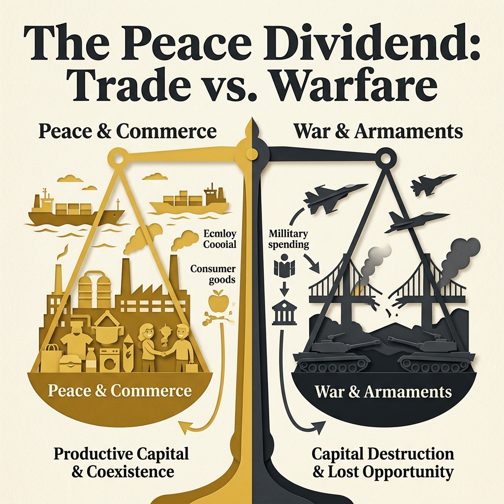 Infographic illustrating the scale balance of the Peace Dividend vs. the costs of warfare