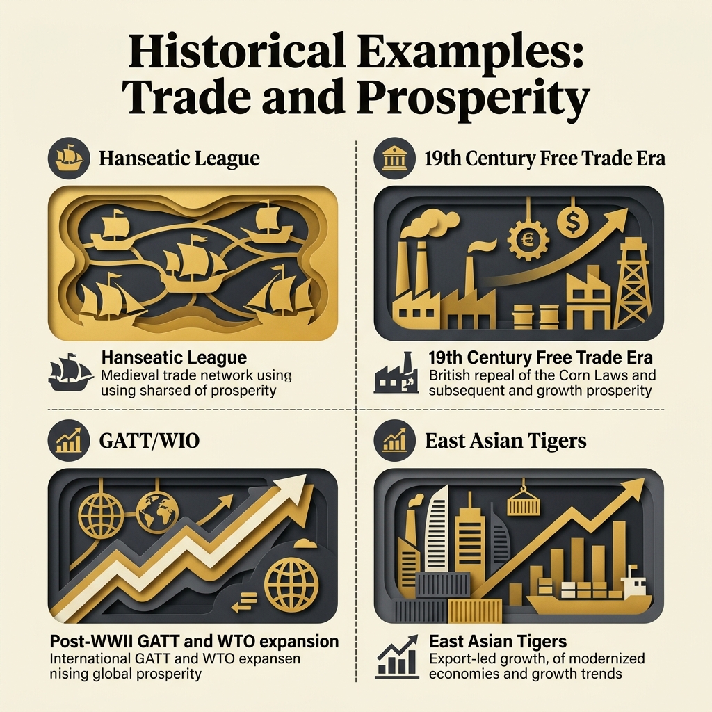 Timeline showing historic examples of peaceful diplomacy, neutrality, and free trade advocates like Cobden and Bright