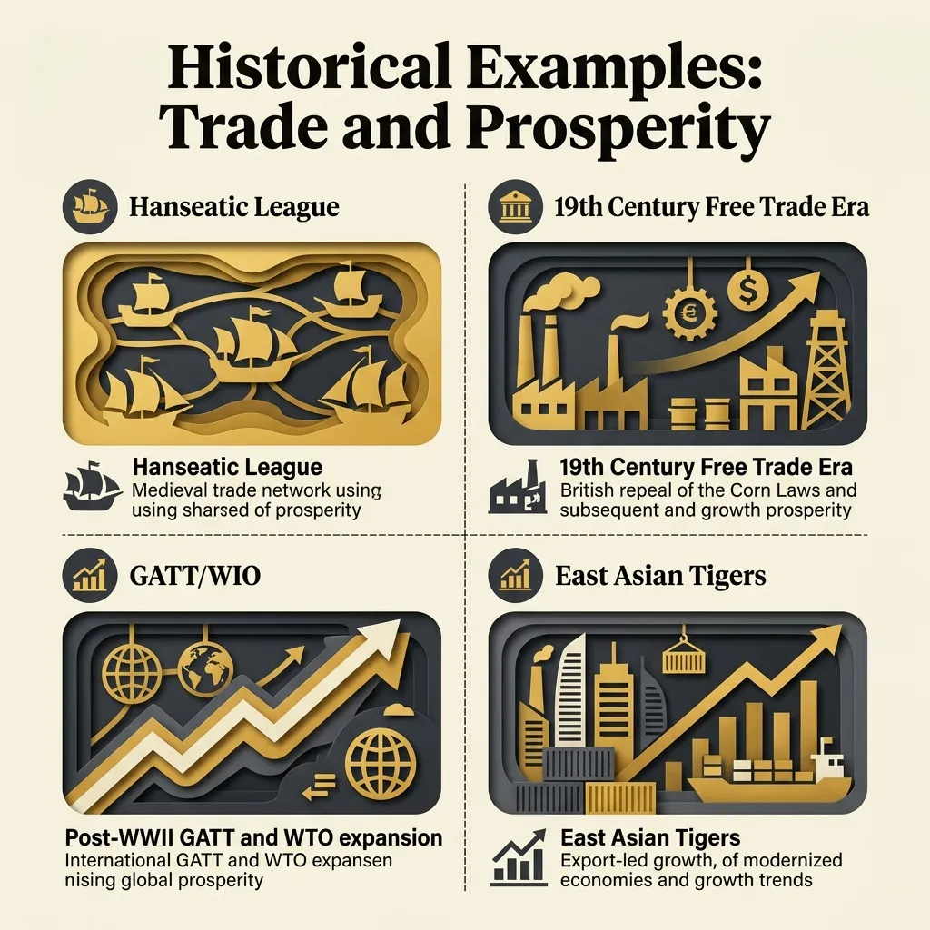 Timeline showing historic examples of peaceful diplomacy, neutrality, and free trade advocates like Cobden and Bright