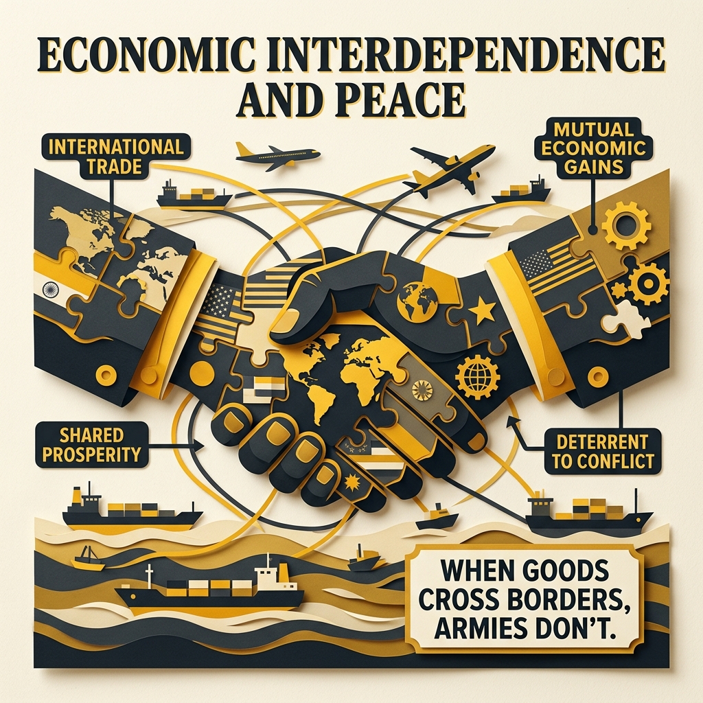 Graphic diagram showing two hands made of interlocking puzzle pieces shaking, representing economic interdependence