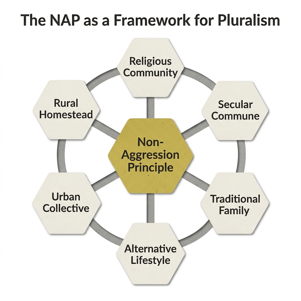 Hexagonal hub-and-spoke diagram showing the NAP at center connecting six different voluntary ways of life