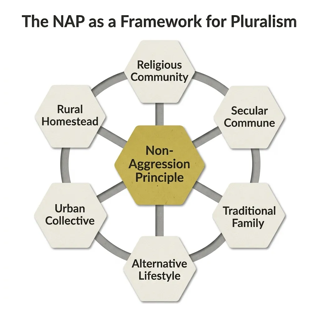 Hexagonal hub-and-spoke diagram showing the NAP at center connecting six different voluntary ways of life