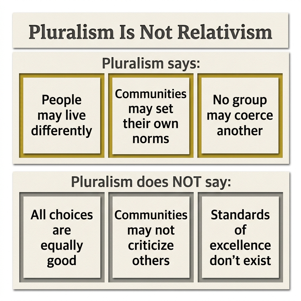 Two-row diagram showing what pluralism does and does not claim